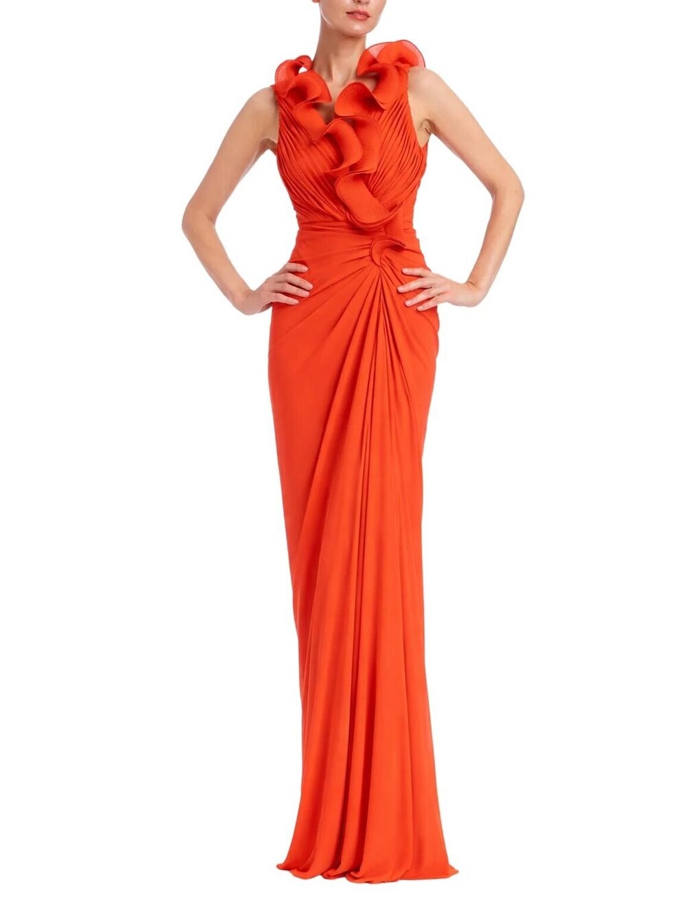 Badgley Mischka Gathered Ruffle Gown Orange Red sz 4 NWT Iconic Runway $900